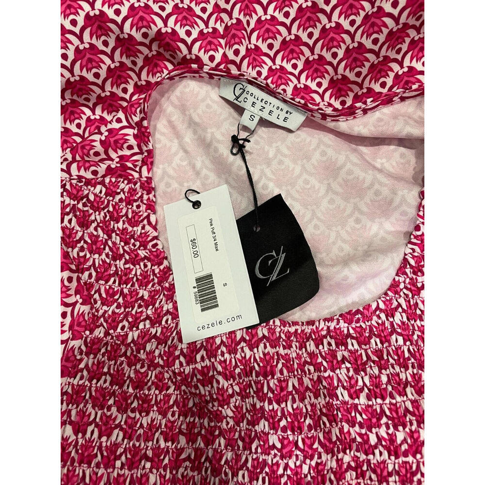 CZ Collection Cezele Maxi Dress S Smocked Pink Puff 3/4 Sleeve Tiered Pink NWT - Picture 5 of 7